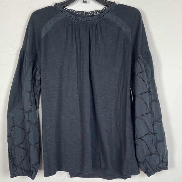Lucky Brand Blouse Shirt Knit Top Popover Eyelet Solid‎ Black Balloon Sleeves - Picture 1 of 8